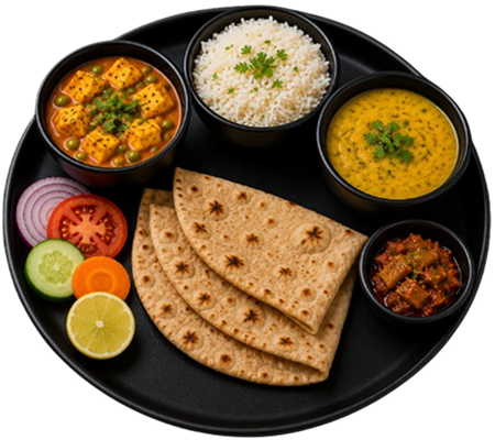 Healthy Indian thali meal with roti and vegetables