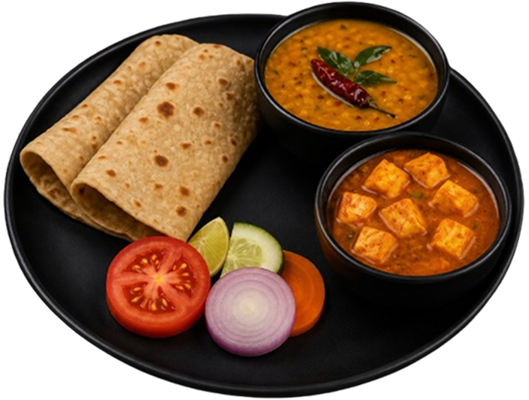 Healthy Indian thali meal with roti and vegetables
