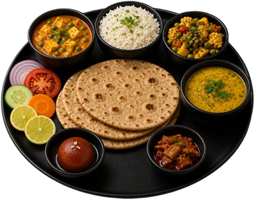 Healthy Indian thali meal with roti and vegetables